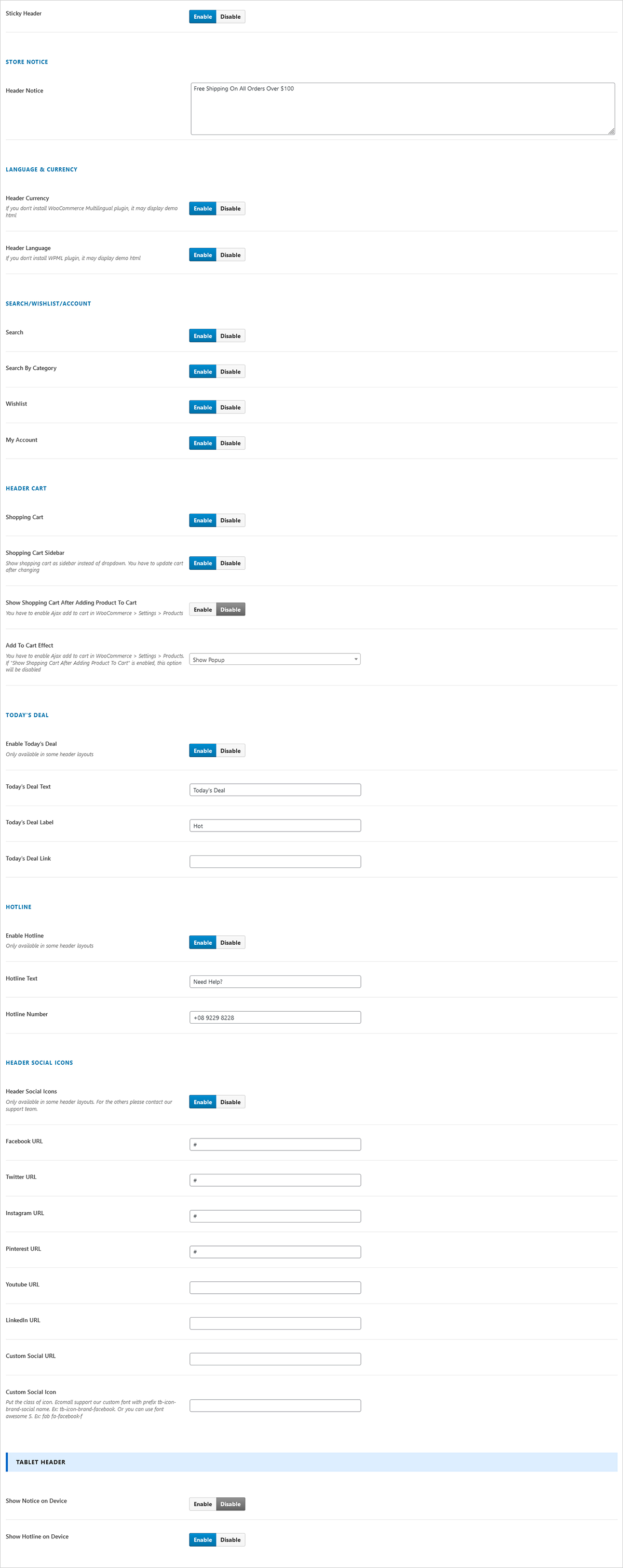 Header Other Options
